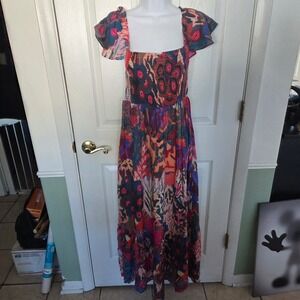 Michelle Morin Anthropologie Abstract Floral Smocked Maxi Dress Pink Blue Med